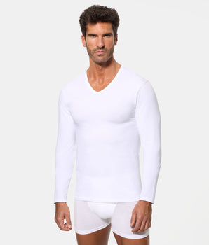 Camiseta de Manga Larga Cuello Pico Tecnología Termorreguladora Regul'activ Algodón Elástico blanca hombre