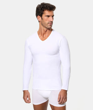 Camiseta de Manga Larga Cuello Pico Tecnología Termorreguladora Regul'activ Algodón Elástico blanca hombre