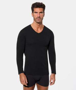 Camiseta de Manga Larga Cuello Pico Tecnología Termorreguladora Regul'activ Algodón Elástico negra hombre